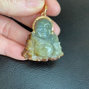 14k Gold Male Smiling Happy Buddha Jade Pendant